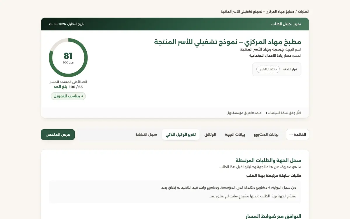 رأس تقرير التقييم: الدرجة من 100 مقابل حد القبول المعتمد للمسار، والتوصية، ثم شريط تبويبات التقرير.