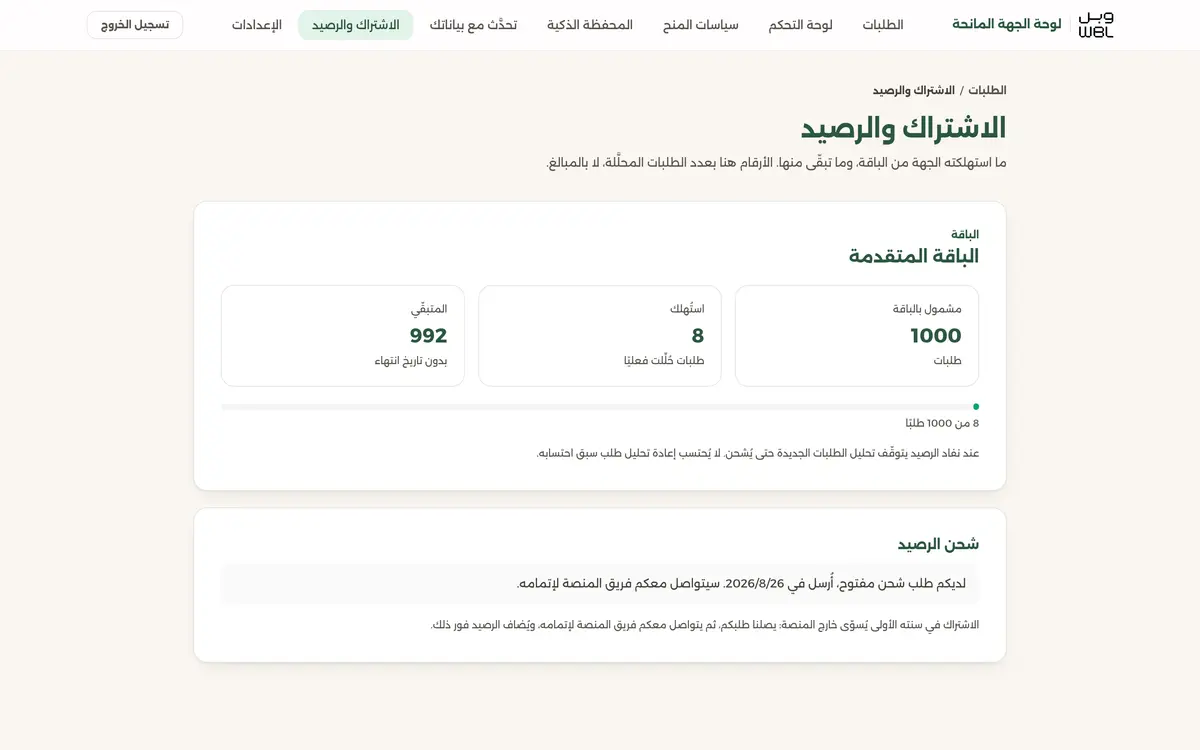 صفحة الاشتراك والرصيد: الباقة والمشمول والمستهلك والمتبقي وشريط الاستهلاك.